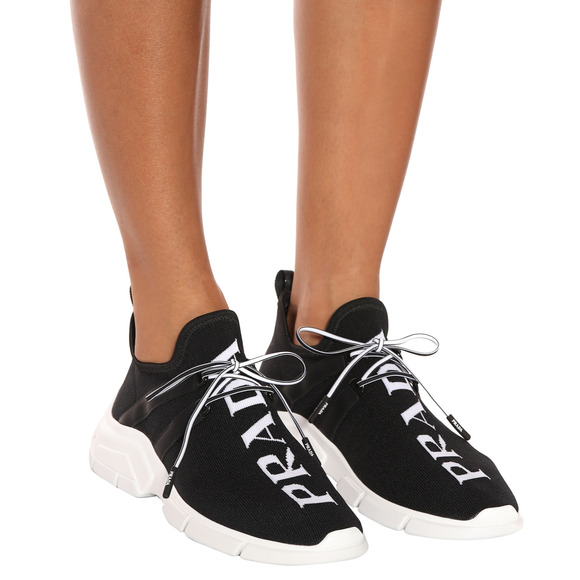 Prada XY Logo Sock Black White Knit Flat Lace Up Tie Pull On Trainer Sneaker 35 - Picture 5 of 12